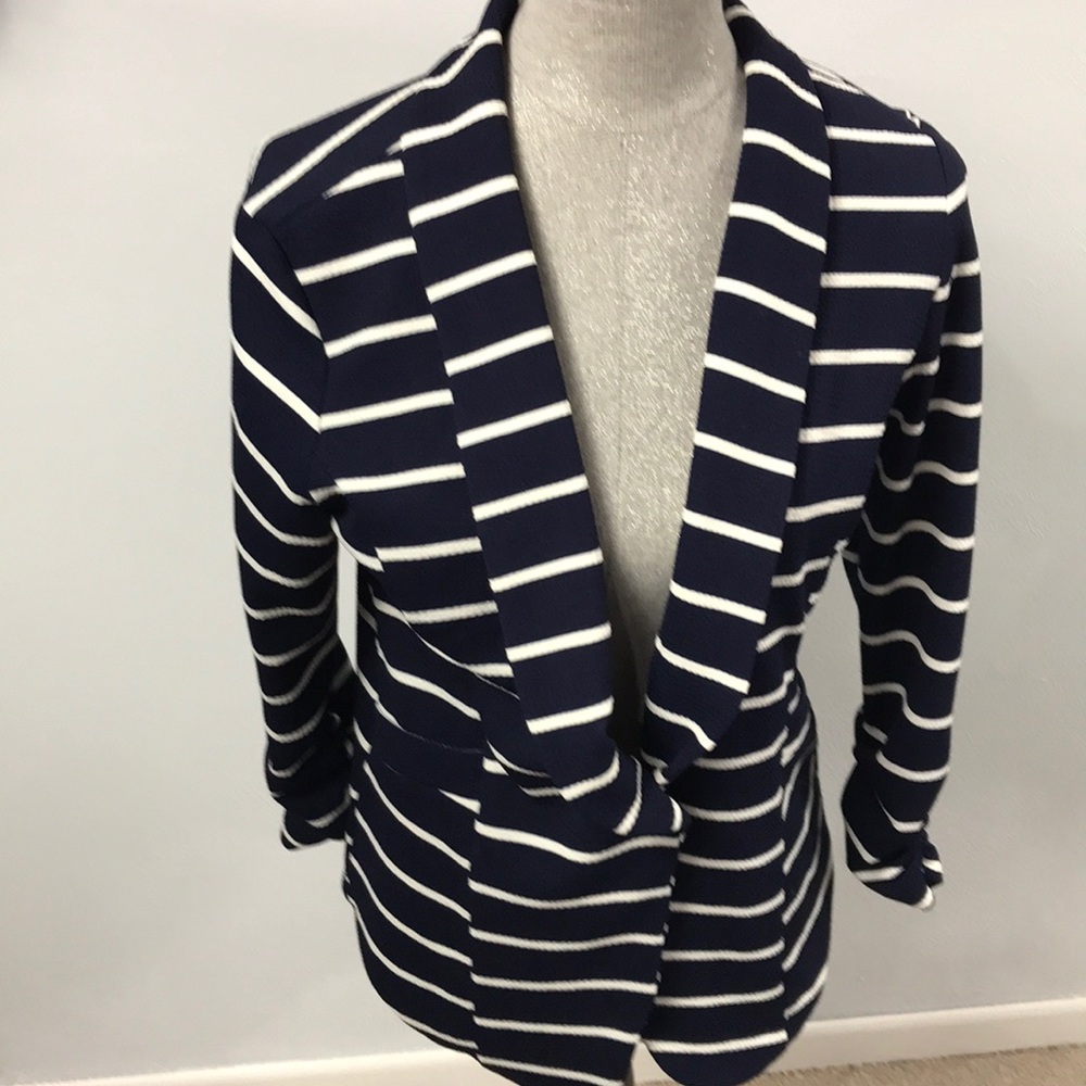 Younkers navy blue and white stripe blazer.